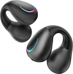 Open Ear Bone Conduction Earbuds Wireless Clip On Headphones with Digital Display Charging Case with Ear Hook Built-in Mic IPX7 Waterproof Bluetooth 5.3 Sport Earphones for Running Fitness
