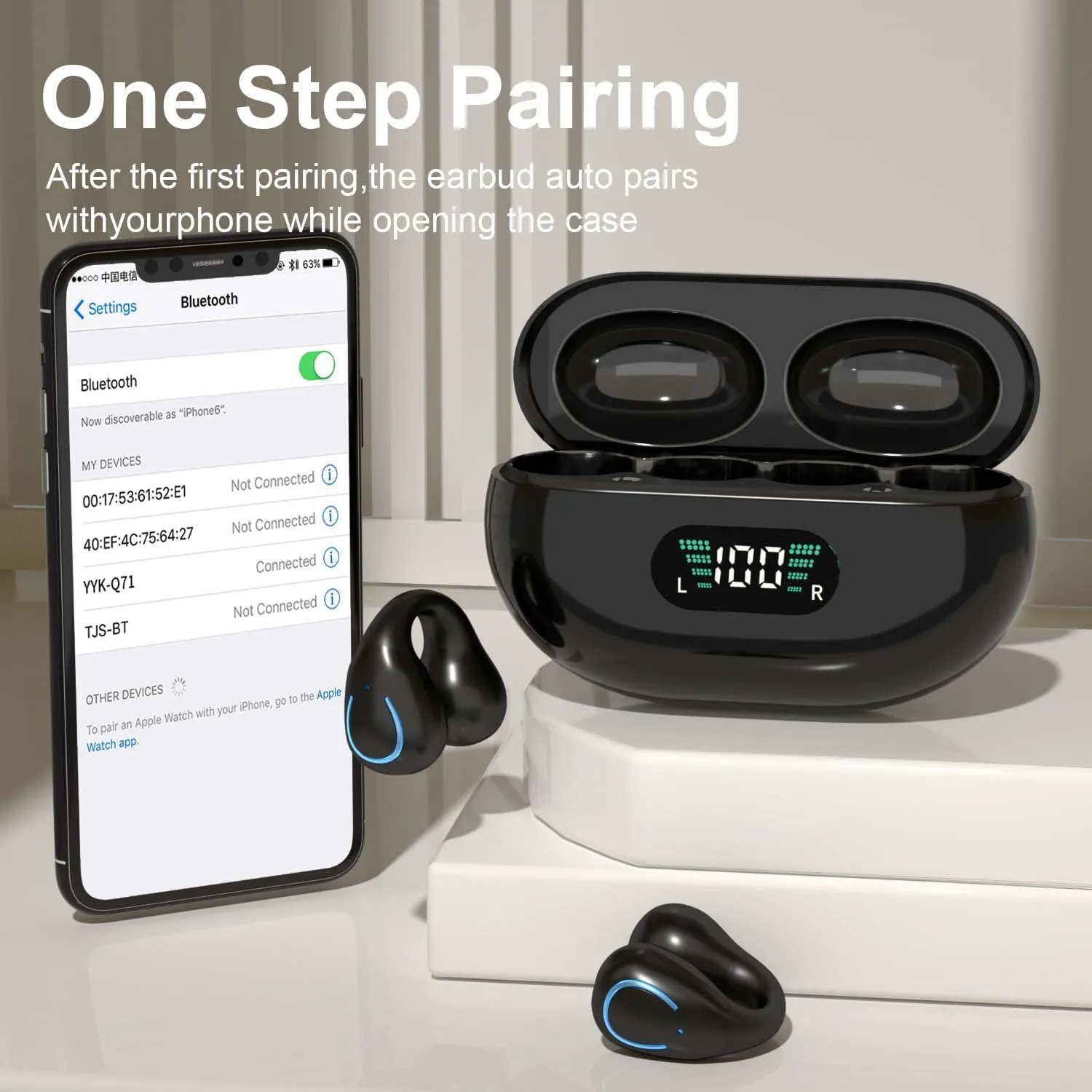 Open Ear Bone Conduction Earbuds Wireless Clip On Headphones with Digital Display Charging Case with Ear Hook Built-in Mic IPX7 Waterproof Bluetooth 5.3 Sport Earphones for Running Fitness