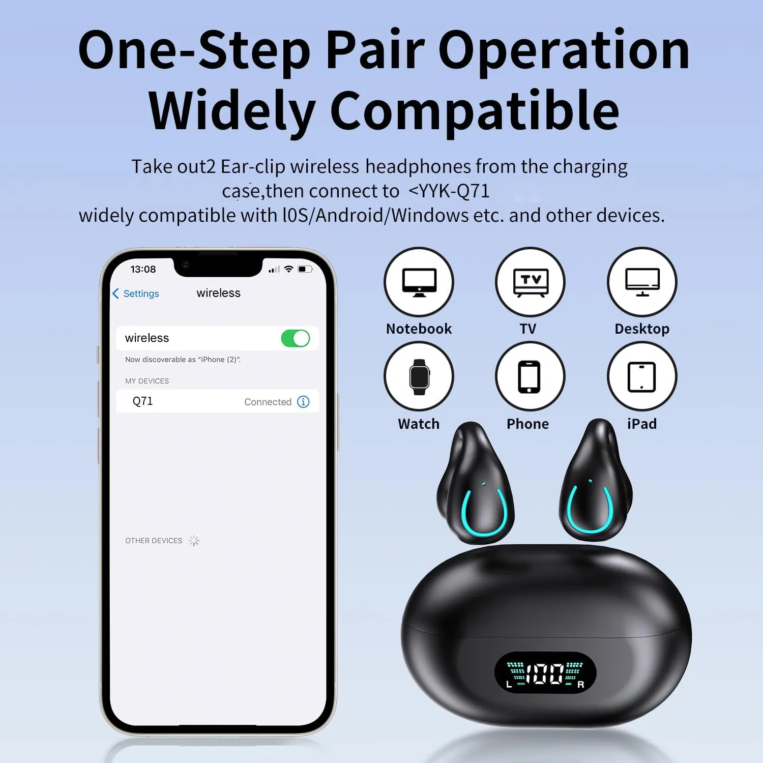 Open Ear Clip Wireless Earbuds Bluetooth 5.3, Sports Earphones Built-in Microphone with Earhooks & Ear Hook, Wireless Charging Case & Display, Waterproof Fitness Headphones for Sports