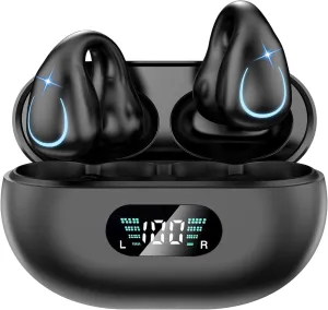 Open Ear Clip Wireless Earbuds Bluetooth 5.3, Sports Earphones Built-in Microphone with Earhooks & Ear Hook, Wireless Charging Case & Display, Waterproof Fitness Headphones for Sports