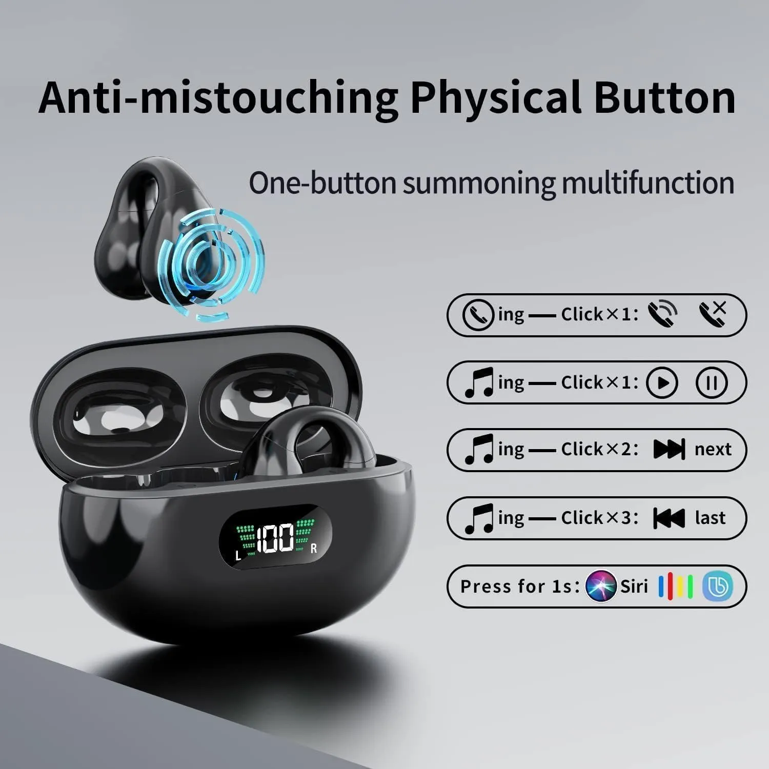 Open Ear Clip Wireless Earbuds Bluetooth 5.3, Sports Earphones Built-in Microphone with Earhooks & Ear Hook, Wireless Charging Case & Display, Waterproof Fitness Headphones for Sports