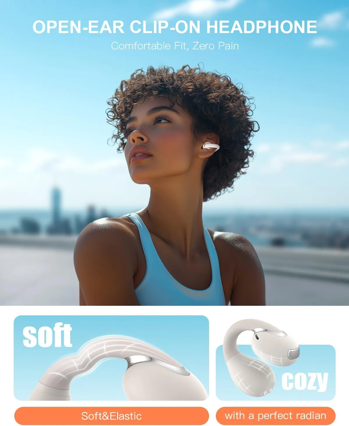 Open Ear Clip Wireless Earbuds Bluetooth 5.4, Lightweight Comfort Sports Bone Conduction Headphones Built-in Mic for Clear Audio, Stable Fit Earphones 24H Play-Beige