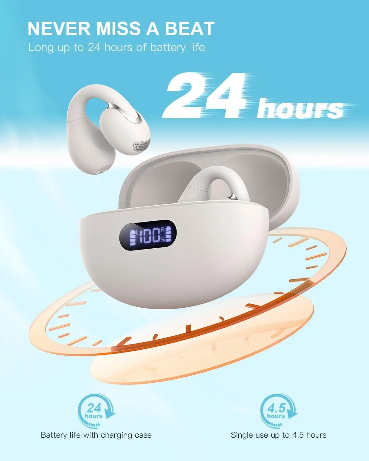Open Ear Clip Wireless Earbuds Bluetooth 5.4, Lightweight Comfort Sports Bone Conduction Headphones Built-in Mic for Clear Audio, Stable Fit Earphones 24H Play-Beige