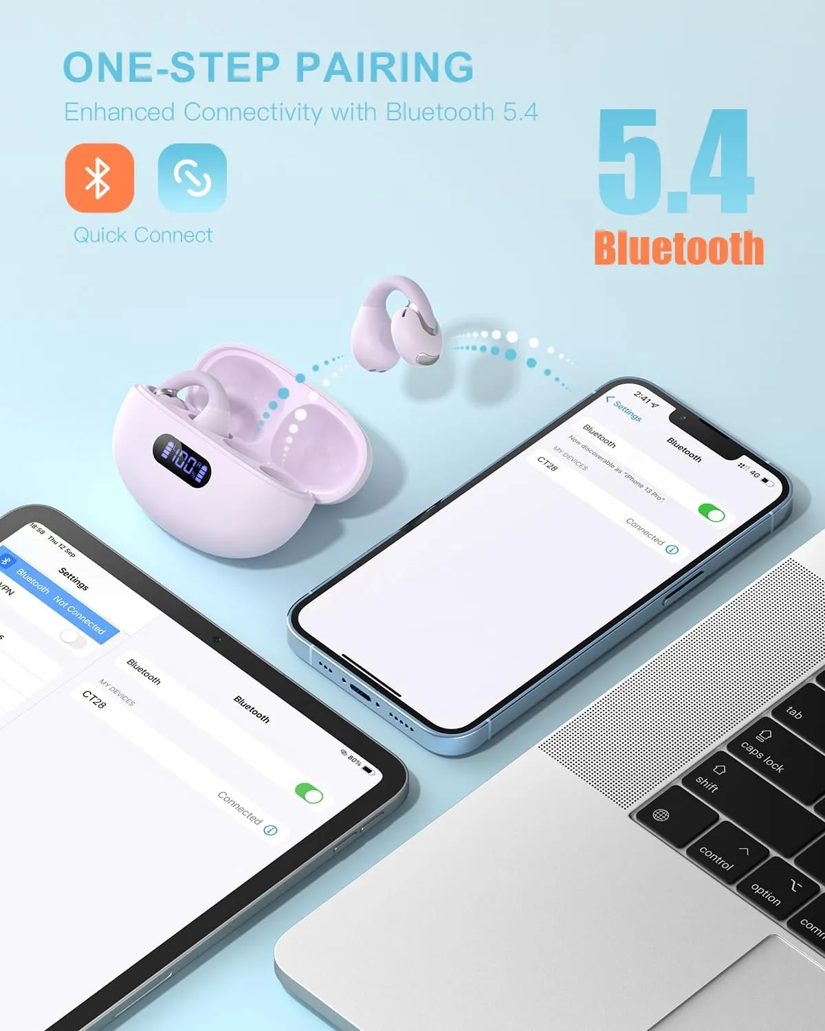 Open Ear Clip Wireless Earbuds Bluetooth 5.4, Lightweight Comfort Sports Bone Conduction Headphones Built-in Mic for Clear Audio, Stable Fit Earphones 24H Play-Purple