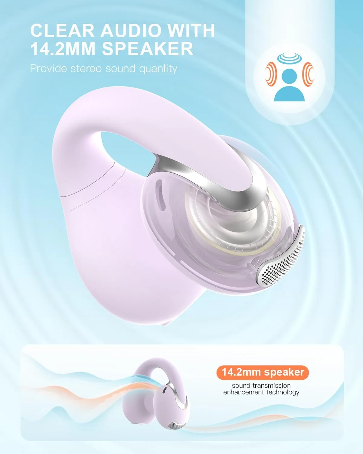 Open Ear Clip Wireless Earbuds Bluetooth 5.4, Lightweight Comfort Sports Bone Conduction Headphones Built-in Mic for Clear Audio, Stable Fit Earphones 24H Play-Purple