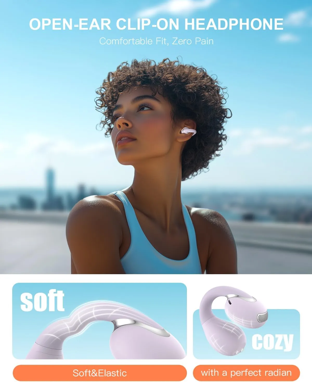 Open Ear Clip Wireless Earbuds Bluetooth 5.4, Lightweight Comfort Sports Bone Conduction Headphones Built-in Mic for Clear Audio, Stable Fit Earphones 24H Play-Purple