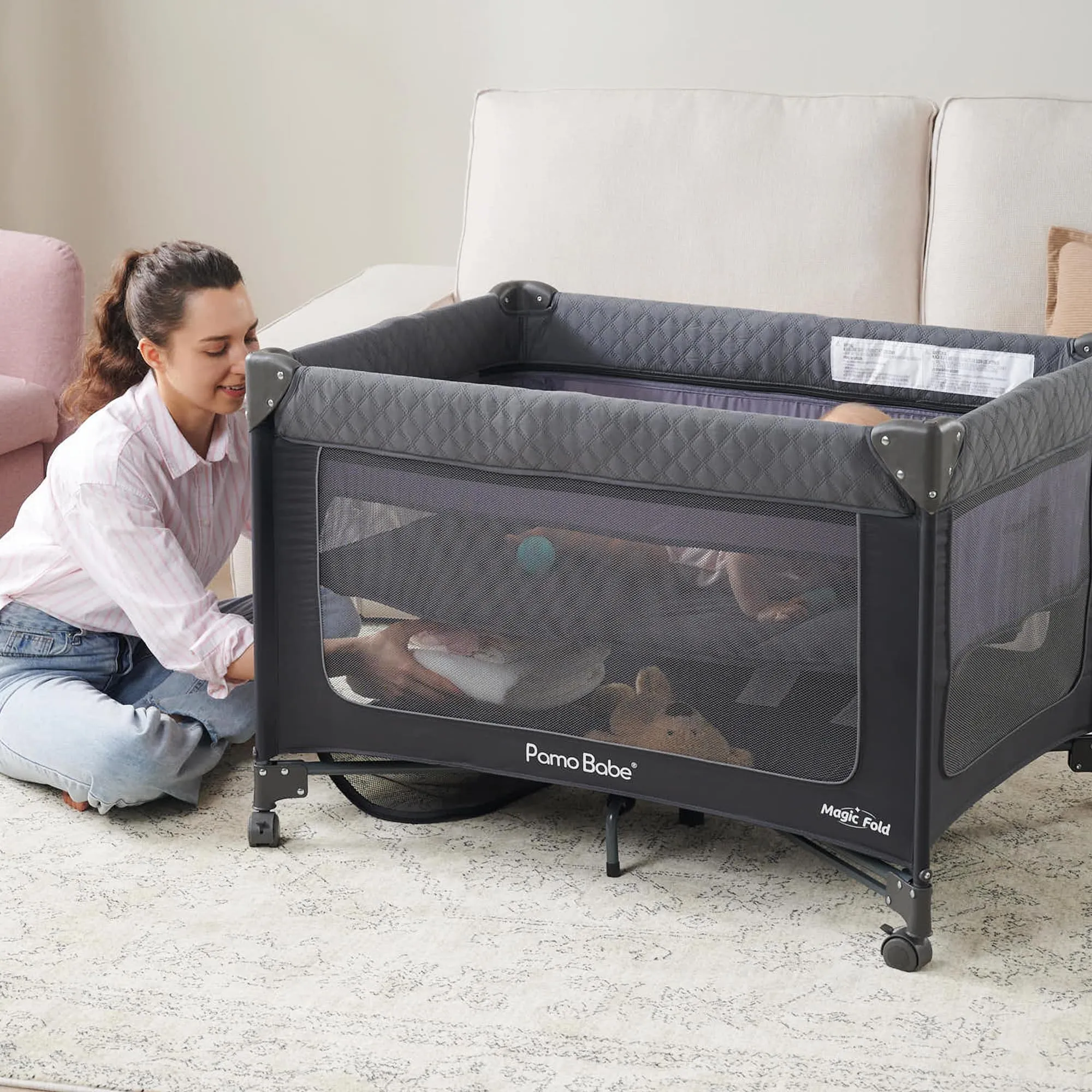 Pamo Babe Magic Fold Baby Playard with Removable Bassinet, 1 Step to Set Portable Crib with Changing Table and Zipper Gate, Easy to Carry
