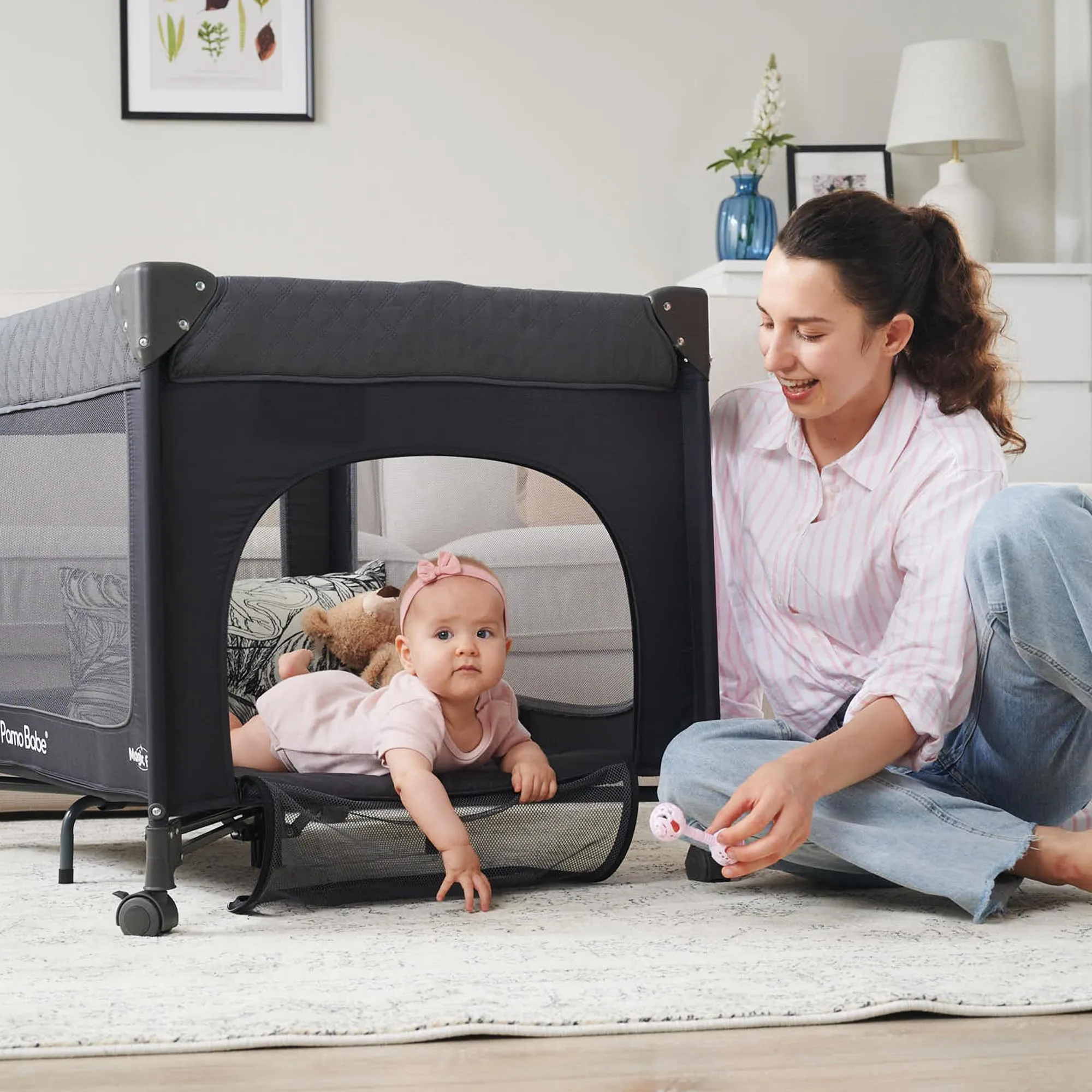 Pamo Babe Magic Fold Baby Playard with Removable Bassinet, 1 Step to Set Portable Crib with Changing Table and Zipper Gate, Easy to Carry