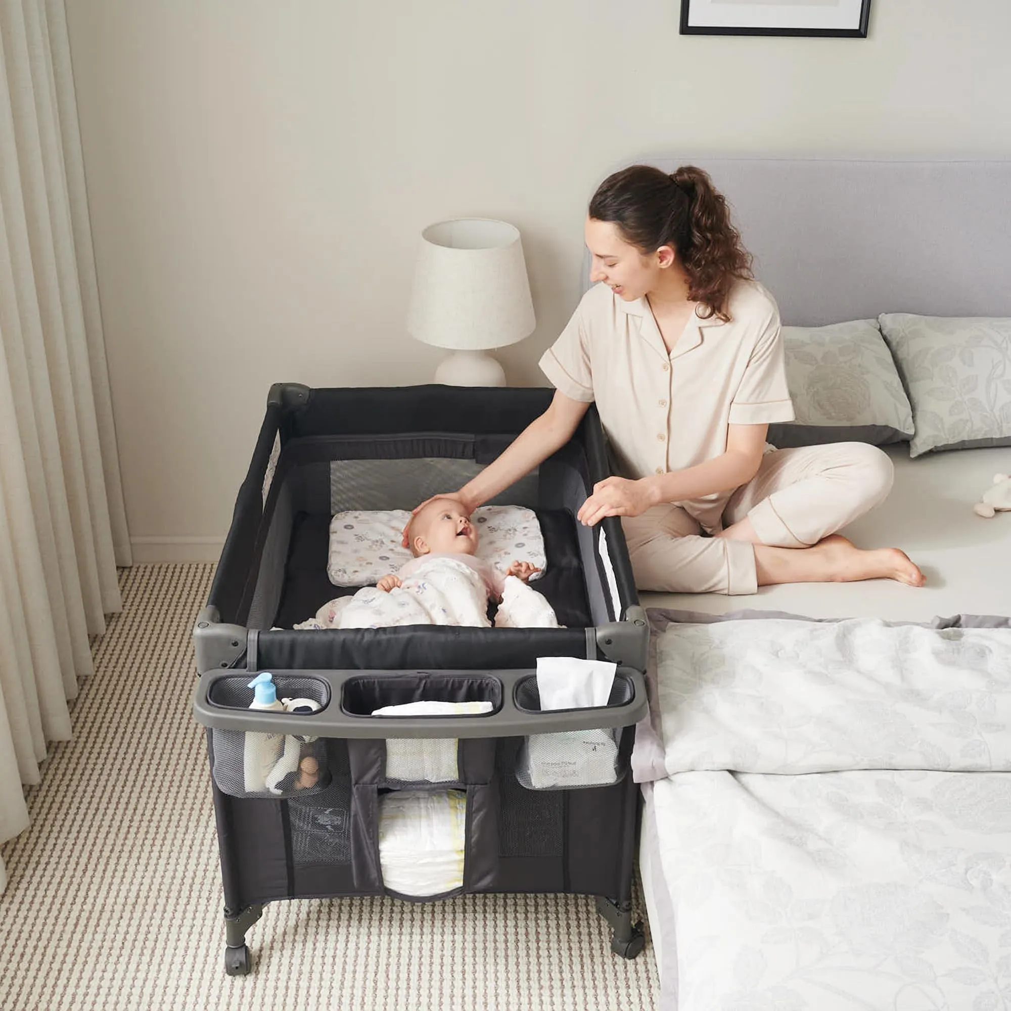 Pamo Babe Magic Fold Baby Playard with Removable Bassinet, 1 Step to Set Portable Crib with Changing Table and Zipper Gate, Easy to Carry