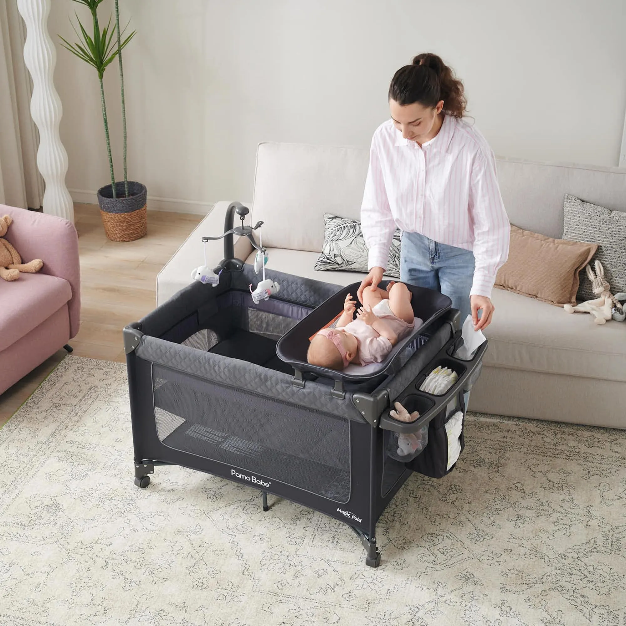 Pamo Babe Magic Fold Baby Playard with Removable Bassinet, 1 Step to Set Portable Crib with Changing Table and Zipper Gate, Easy to Carry