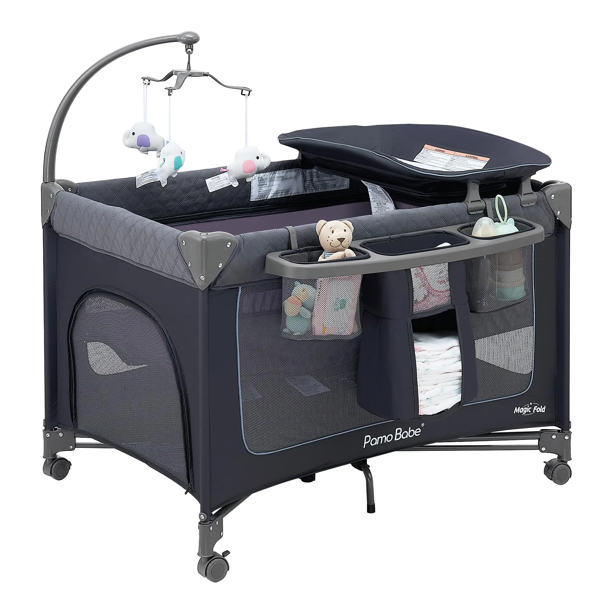 Pamo Babe Magic Fold Baby Playard with Removable Bassinet, 1 Step to Set Portable Crib with Changing Table and Zipper Gate, Easy to Carry