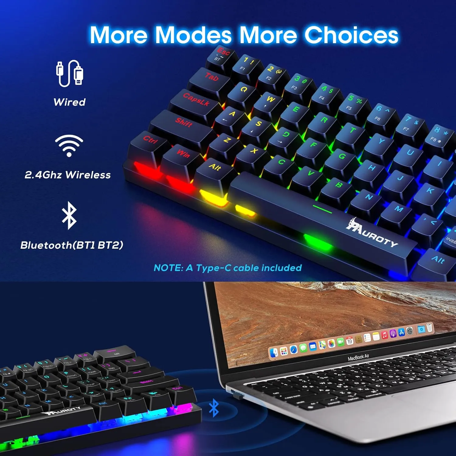 Pauroty 60% Wireless Mechanical Keyboard, Triple Mode 2.4G/USB-C/Bluetooth Gaming Keyboard, RGB Backlit, Clicky Blue Switch, 61 Keys Rechargeable Mini Wireless Keyboard for iPad Mac PC Xbox