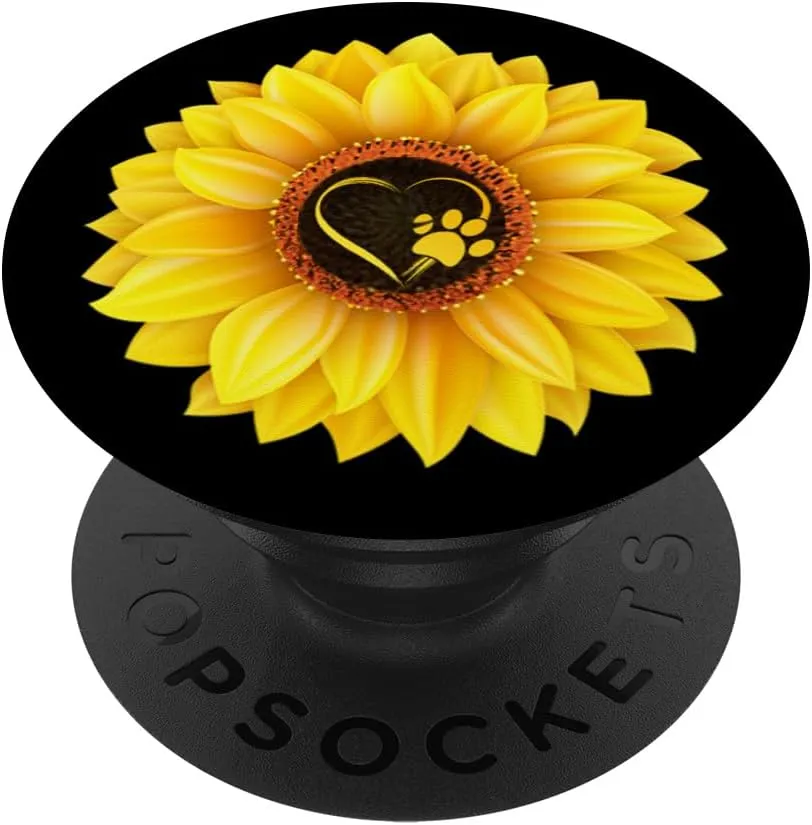 Paw Print Dog Paw Cute Dog Love Yellow Sunflower on Black PopSockets PopGrip: Swappable Grip for Phones & Tablets PopSockets Adhesive PopGrip