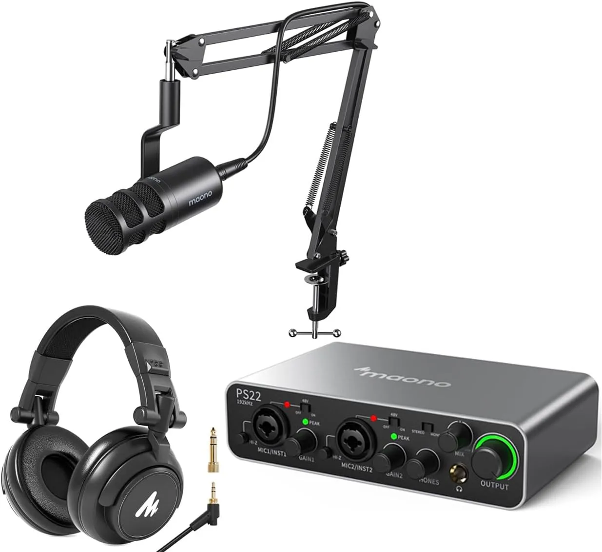 PD100S XLR Dynamic Microphone with AU MH601 Headphones, PS22 Audio Interface, for Vocal Recording,Podcasting,Streaming
