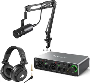 PD100S XLR Dynamic Microphone with AU MH601 Headphones, PS22 Audio Interface, for Vocal Recording,Podcasting,Streaming