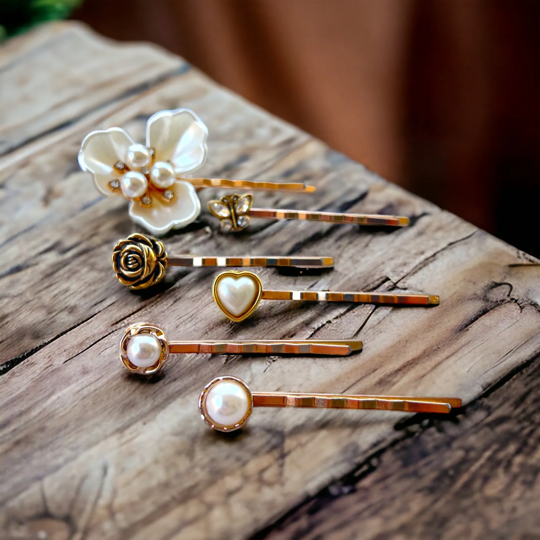Pearl Flower & Heart Rose Gold Hair Pins with Rhinestone Butterfly - Elegant and Romantic Hair Accessories