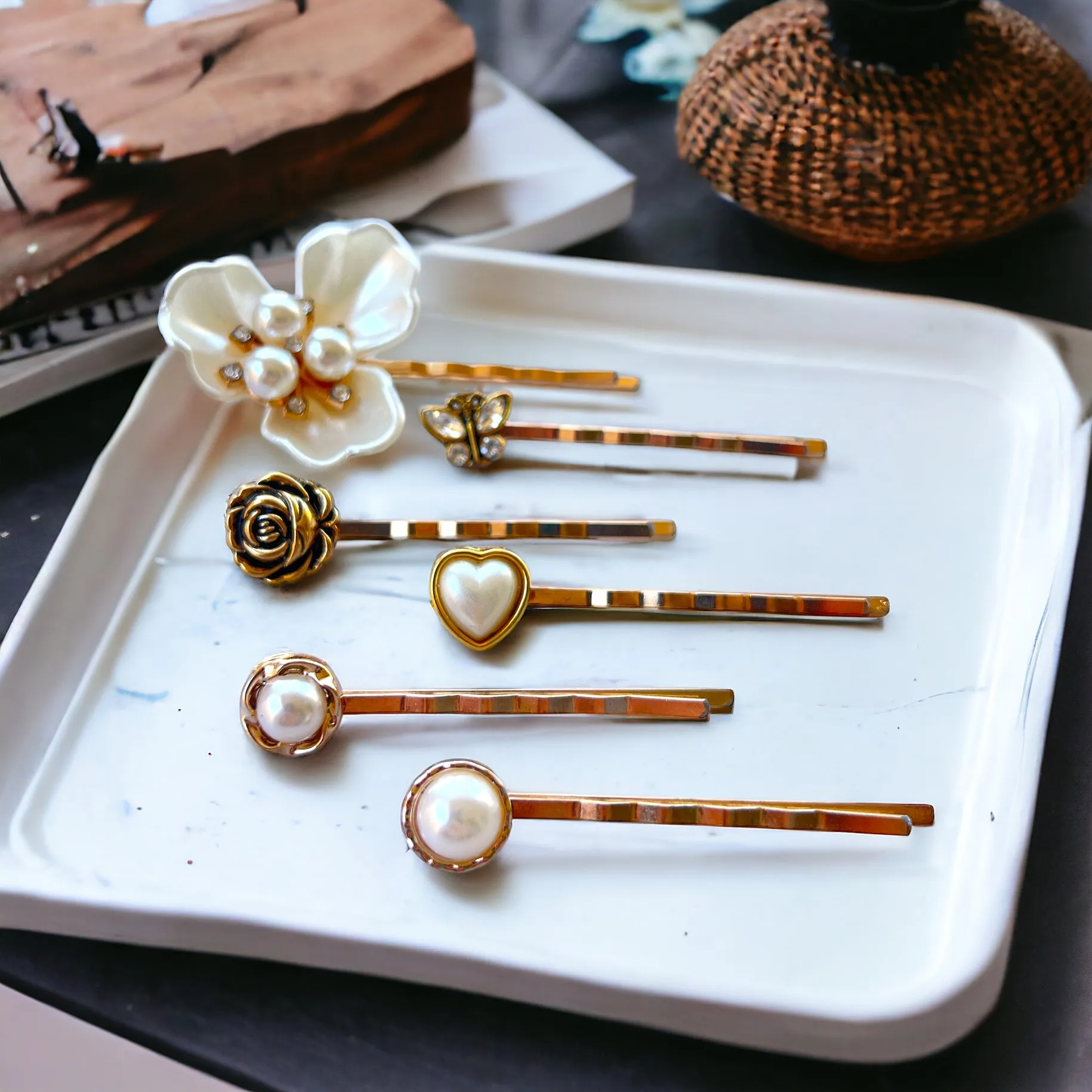 Pearl Flower & Heart Rose Gold Hair Pins with Rhinestone Butterfly - Elegant and Romantic Hair Accessories