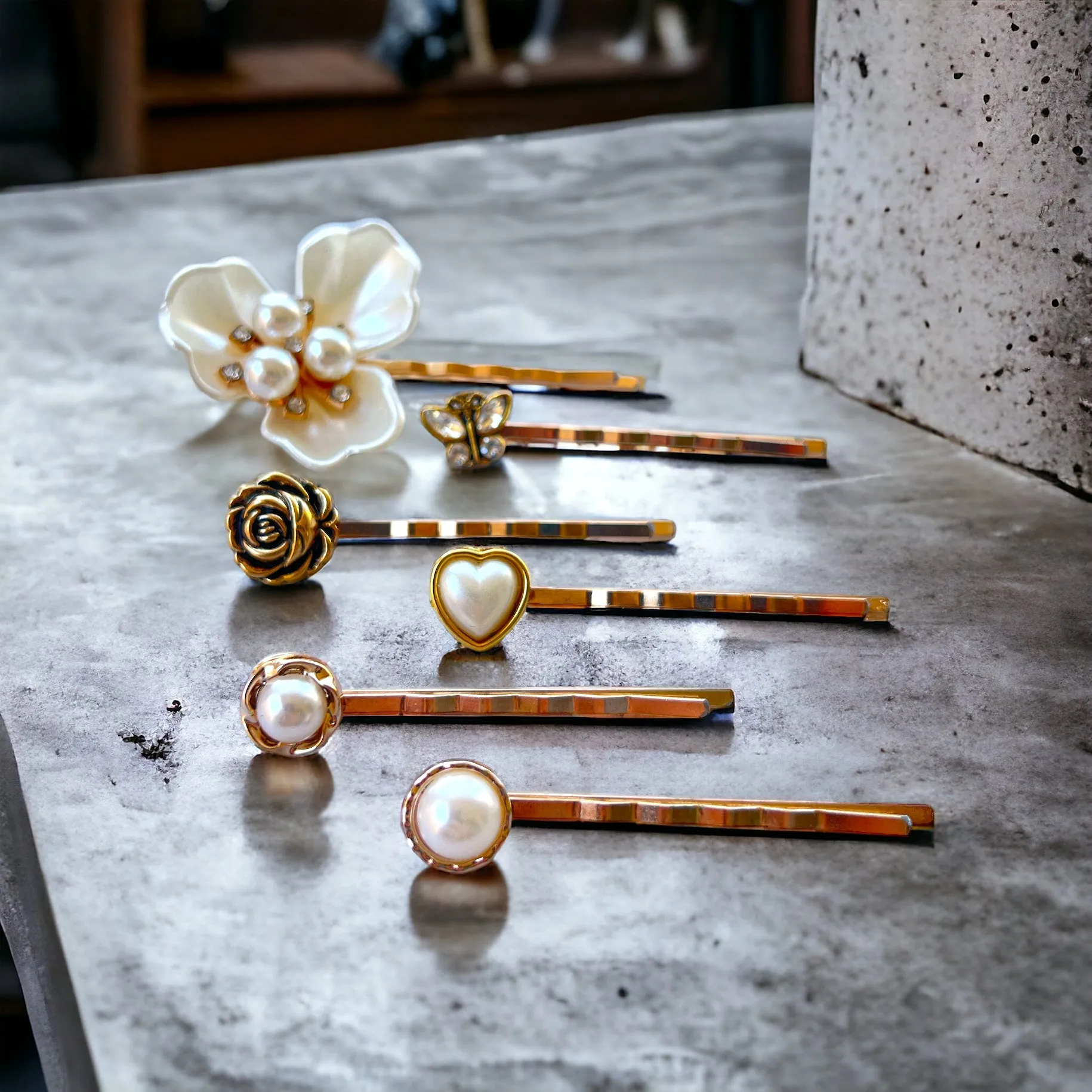 Pearl Flower & Heart Rose Gold Hair Pins with Rhinestone Butterfly - Elegant and Romantic Hair Accessories