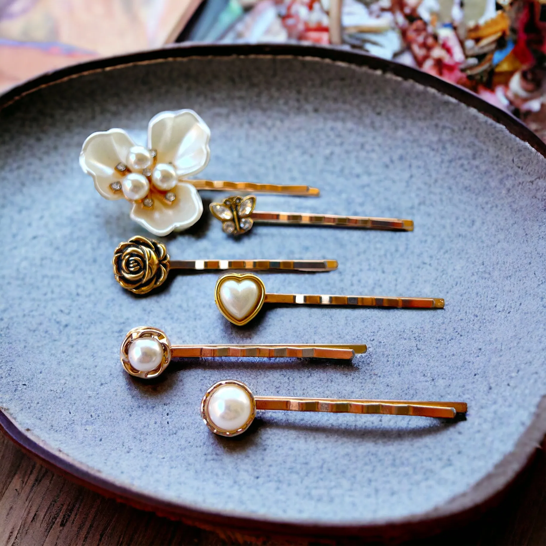 Pearl Flower & Heart Rose Gold Hair Pins with Rhinestone Butterfly - Elegant and Romantic Hair Accessories