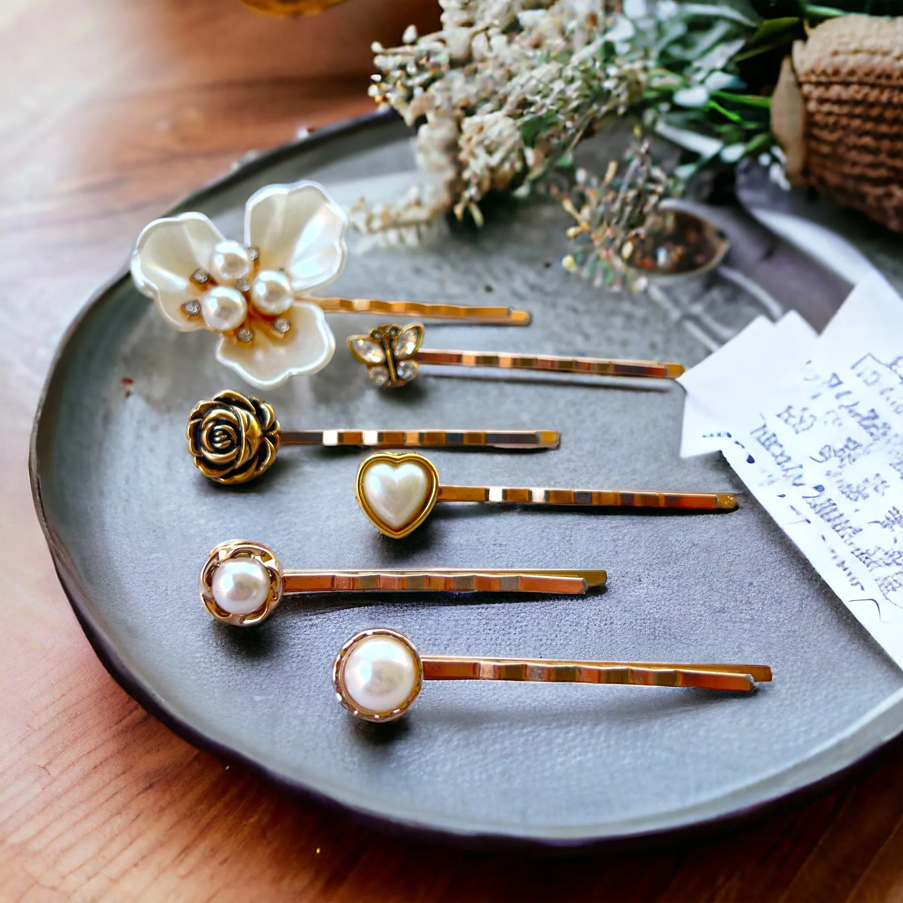 Pearl Flower & Heart Rose Gold Hair Pins with Rhinestone Butterfly - Elegant and Romantic Hair Accessories