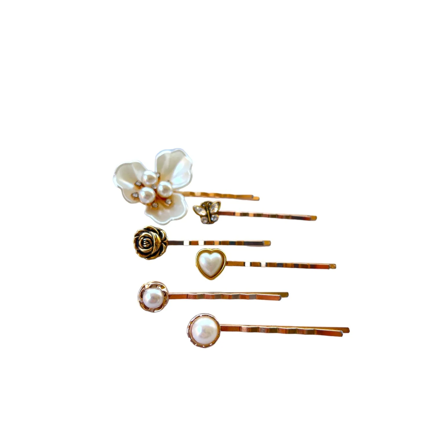 Pearl Flower & Heart Rose Gold Hair Pins with Rhinestone Butterfly - Elegant and Romantic Hair Accessories