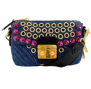 Pink Rhinestone Embellished Denim Crossbody Bag