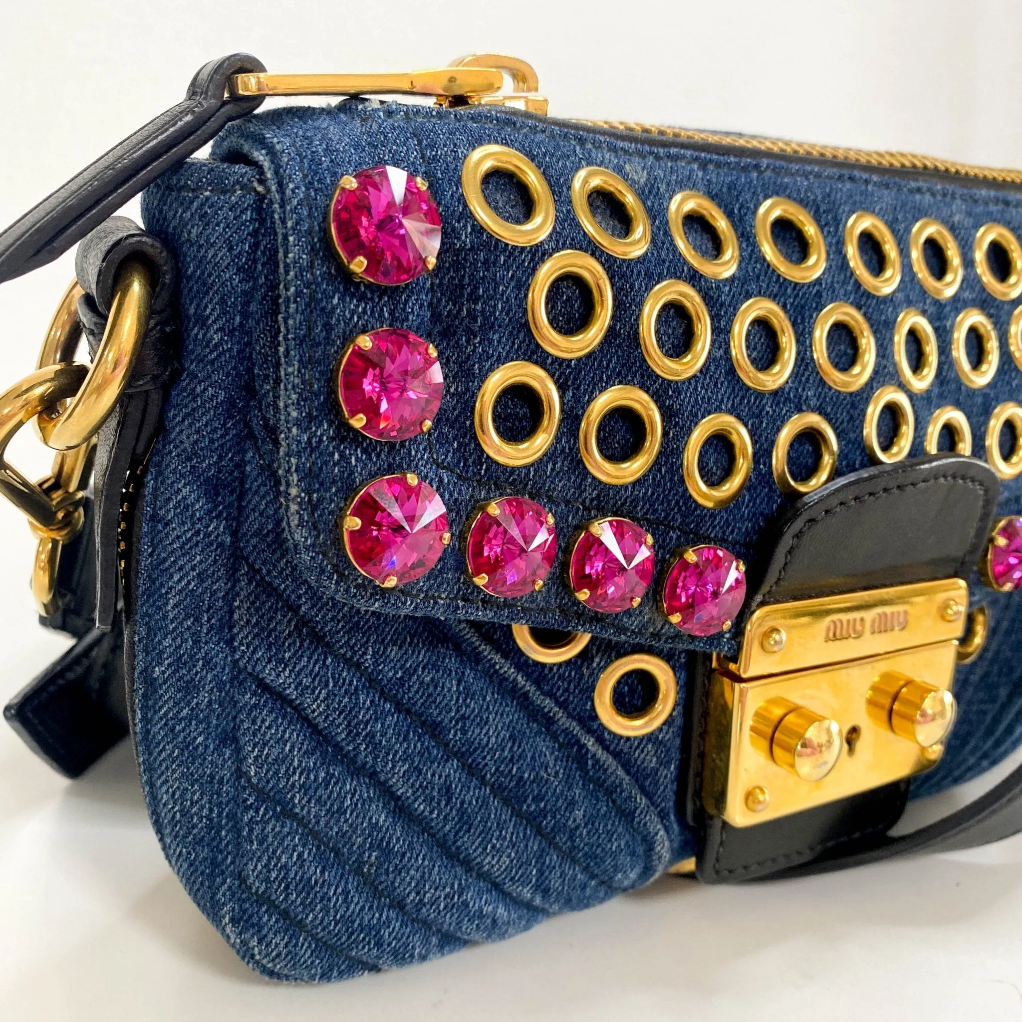 Pink Rhinestone Embellished Denim Crossbody Bag