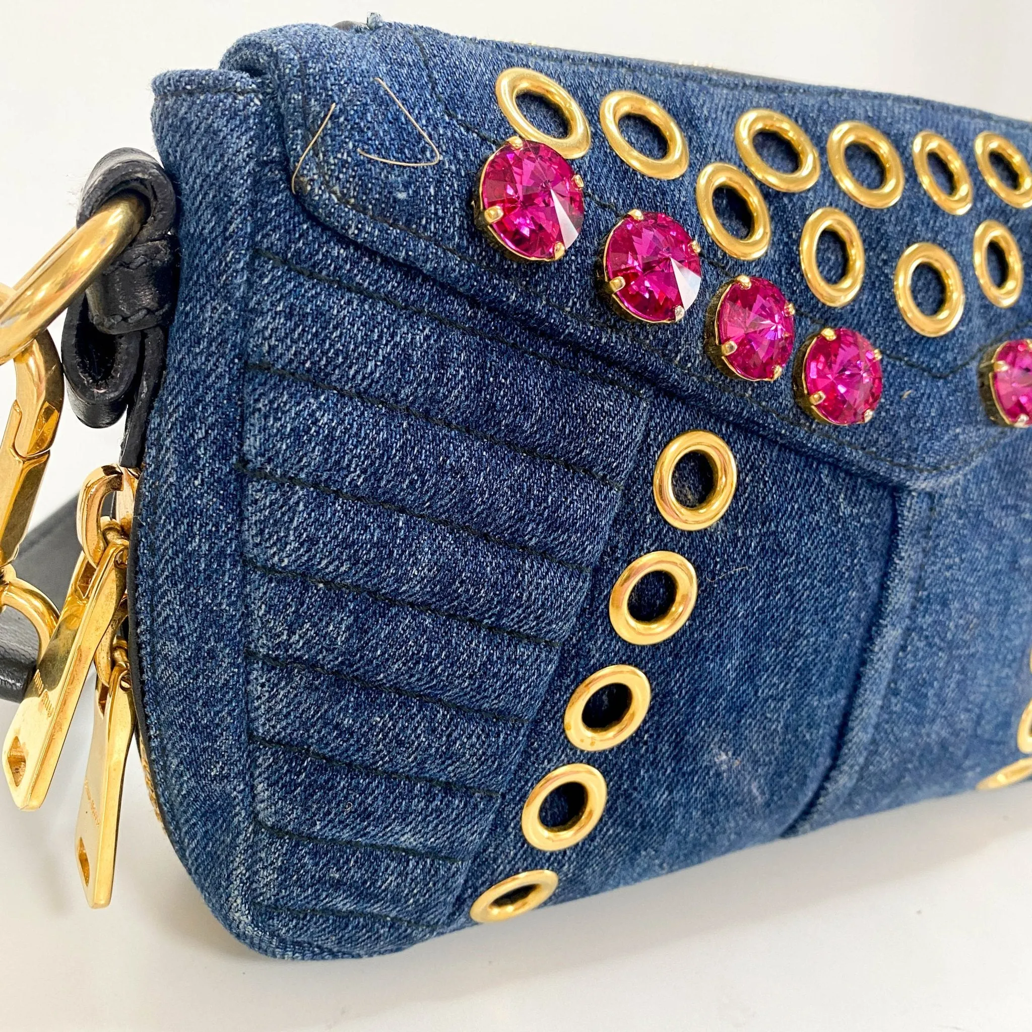 Pink Rhinestone Embellished Denim Crossbody Bag