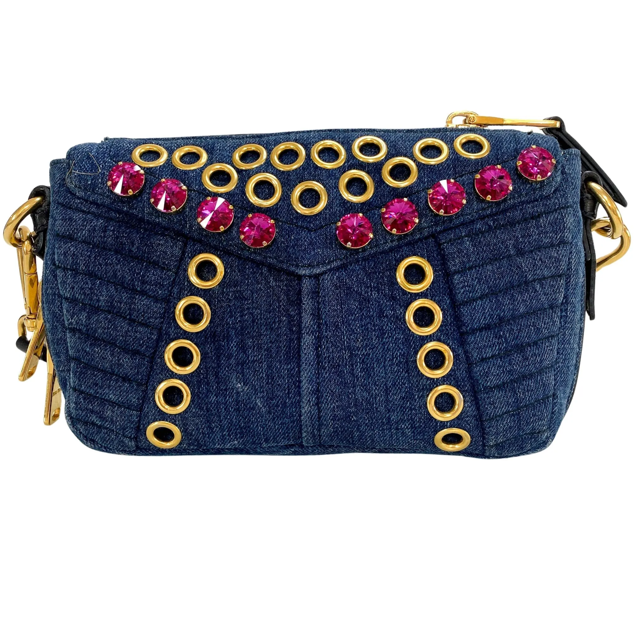 Pink Rhinestone Embellished Denim Crossbody Bag