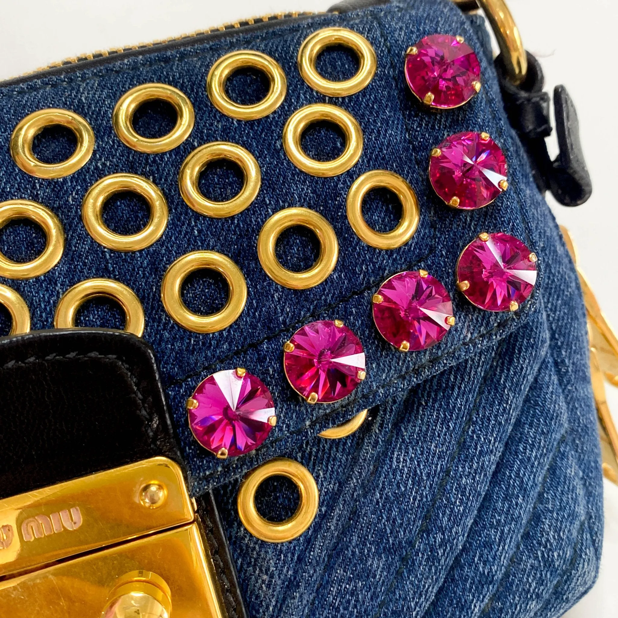 Pink Rhinestone Embellished Denim Crossbody Bag
