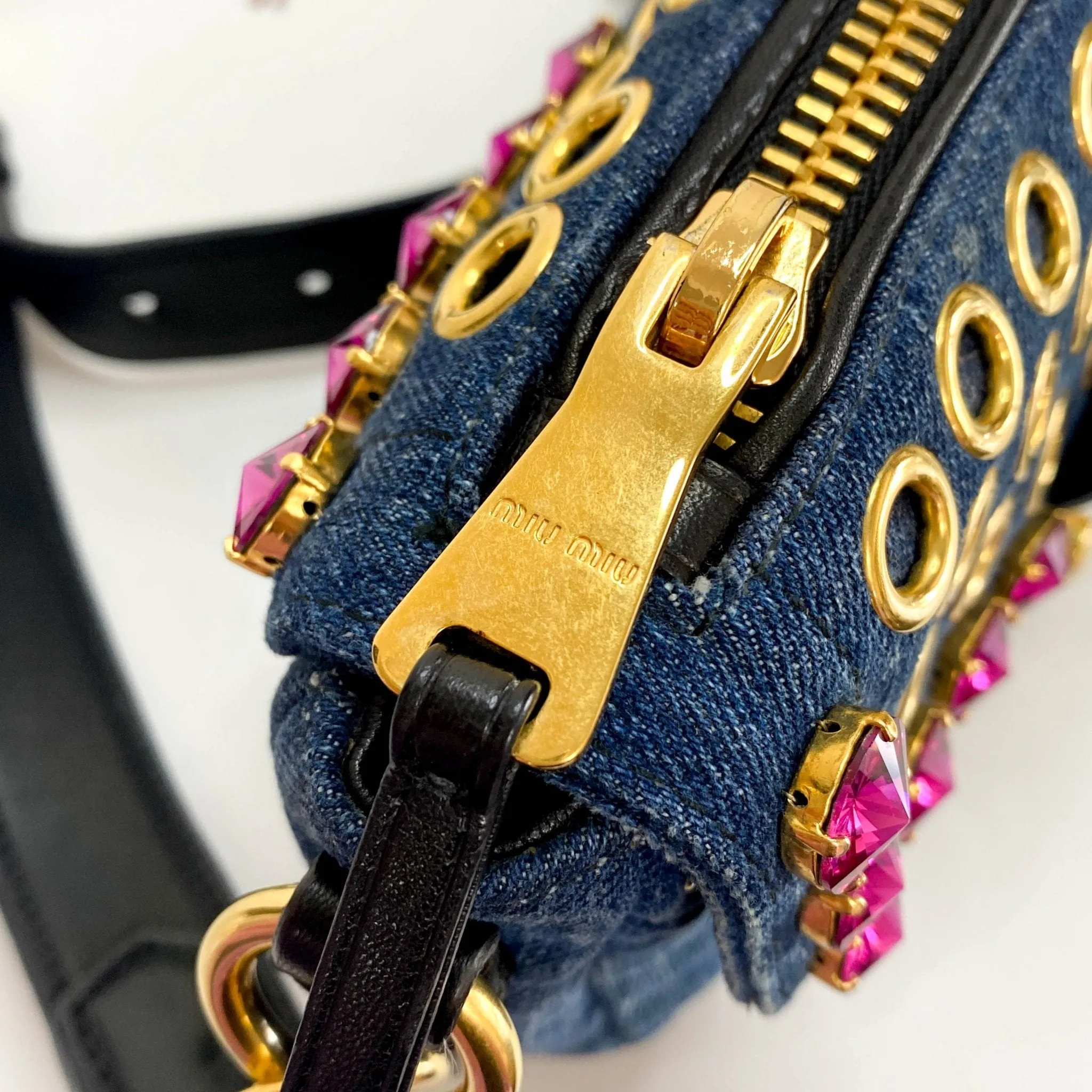 Pink Rhinestone Embellished Denim Crossbody Bag