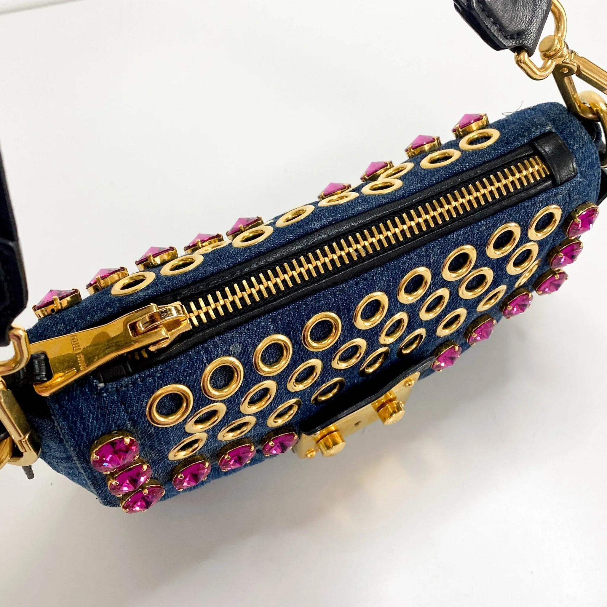 Pink Rhinestone Embellished Denim Crossbody Bag