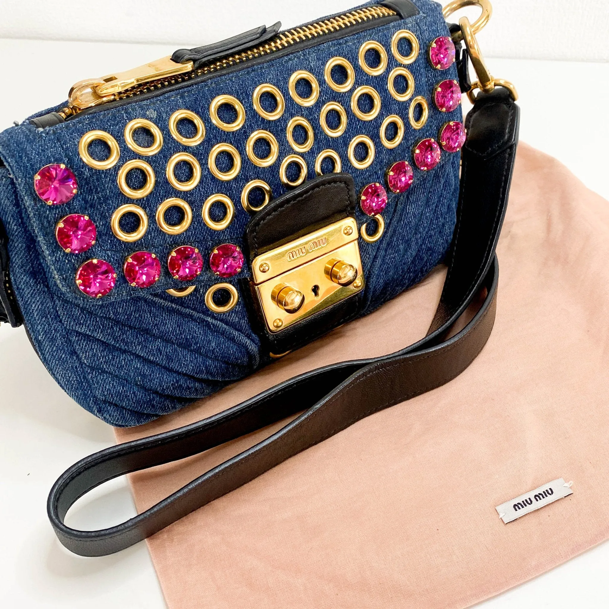 Pink Rhinestone Embellished Denim Crossbody Bag
