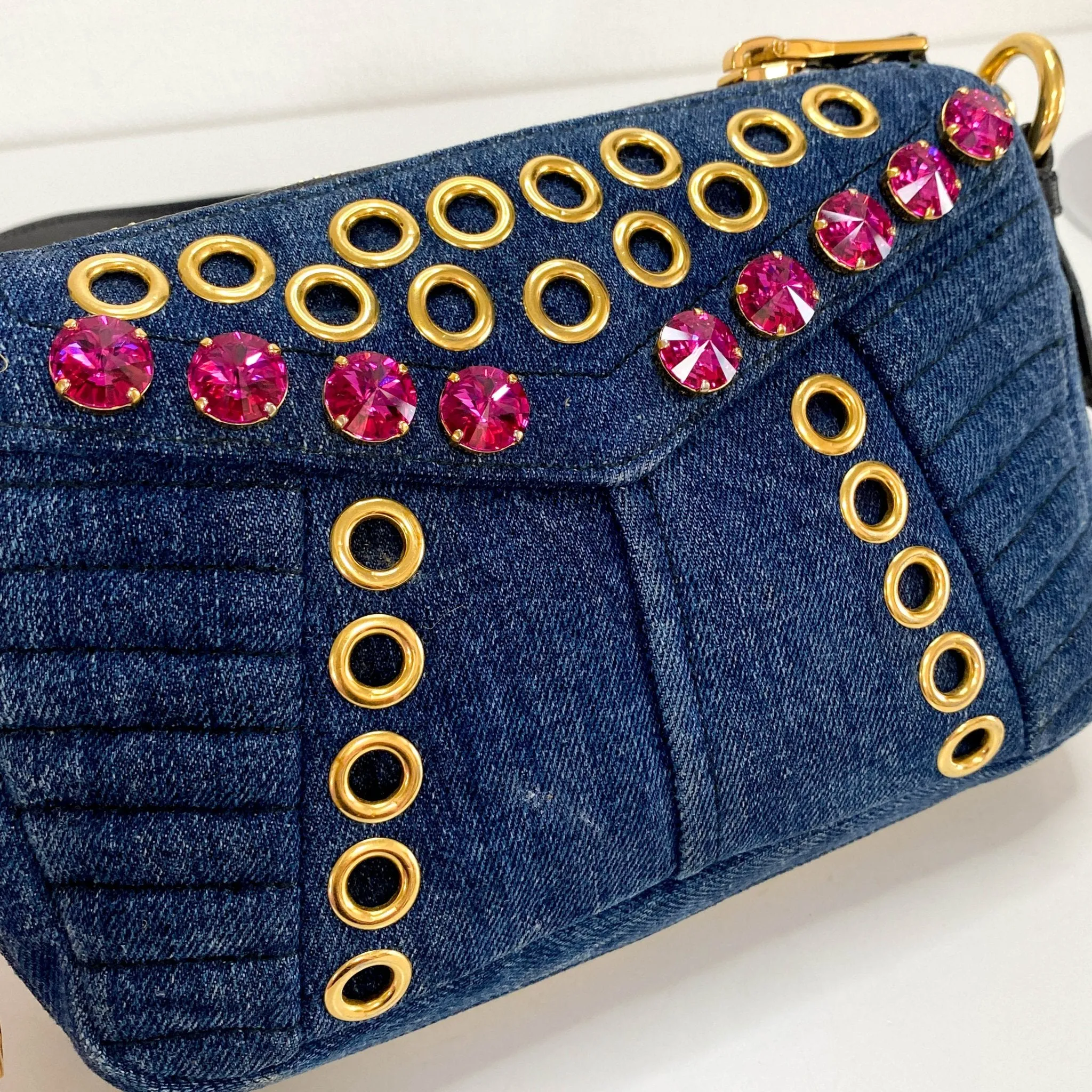 Pink Rhinestone Embellished Denim Crossbody Bag