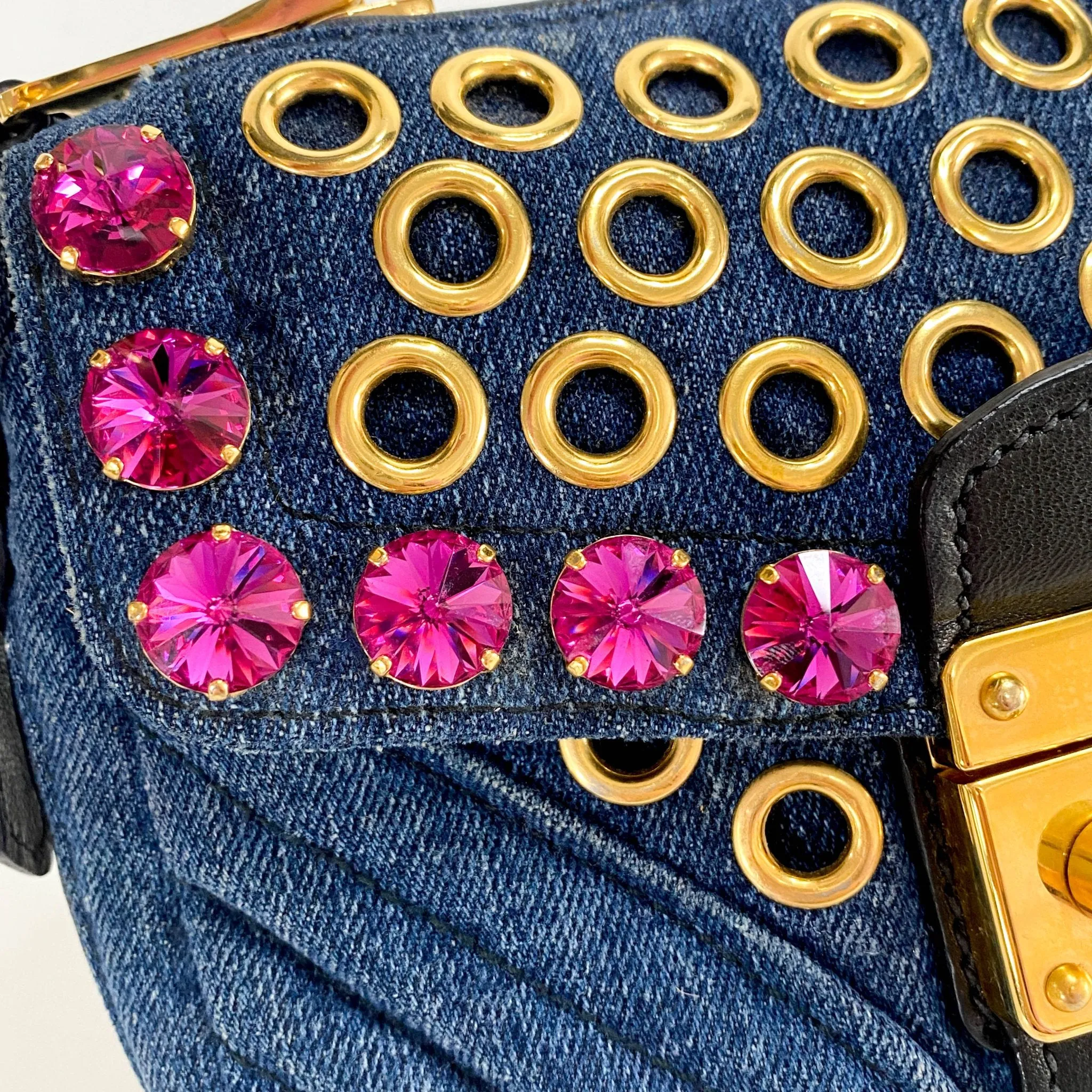 Pink Rhinestone Embellished Denim Crossbody Bag
