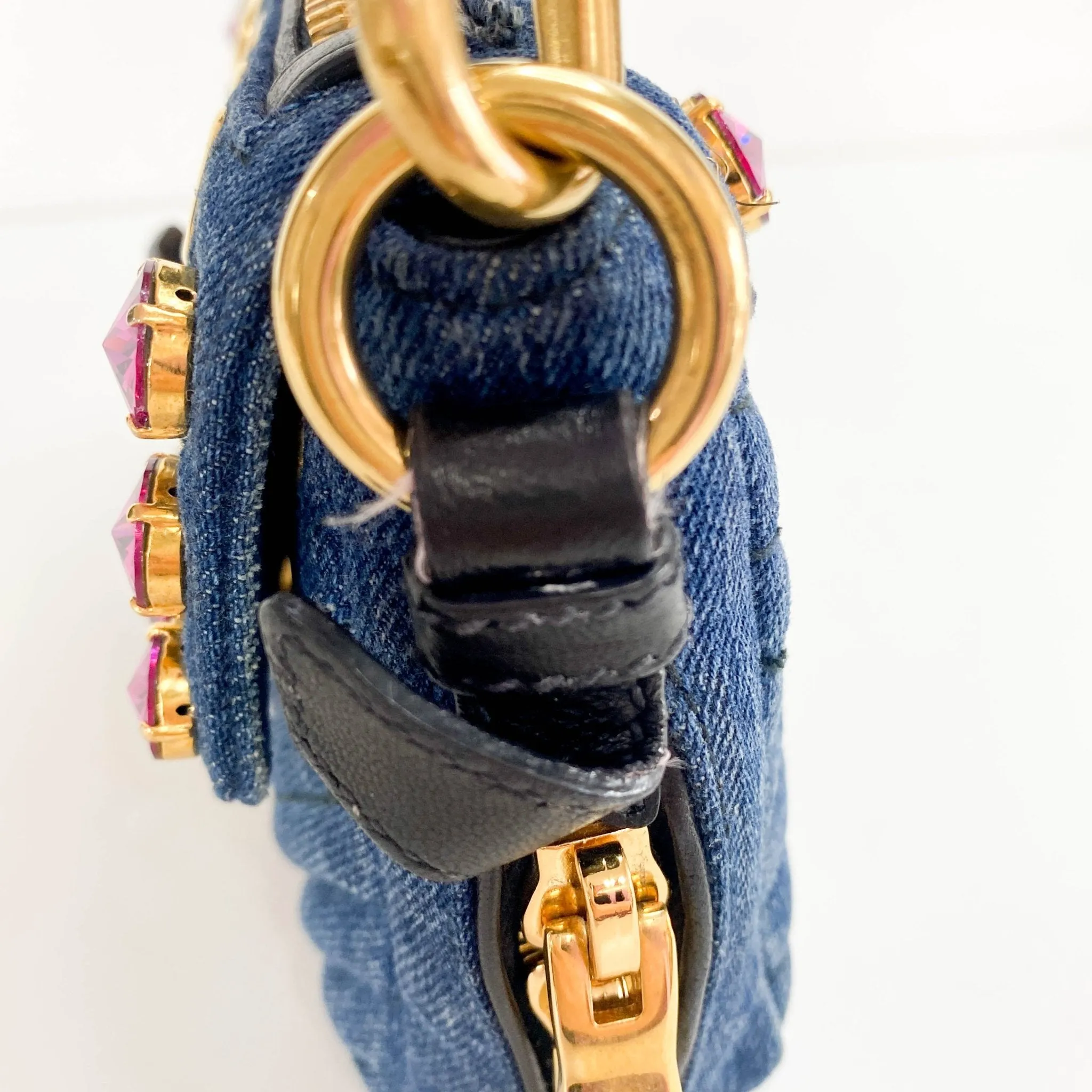 Pink Rhinestone Embellished Denim Crossbody Bag