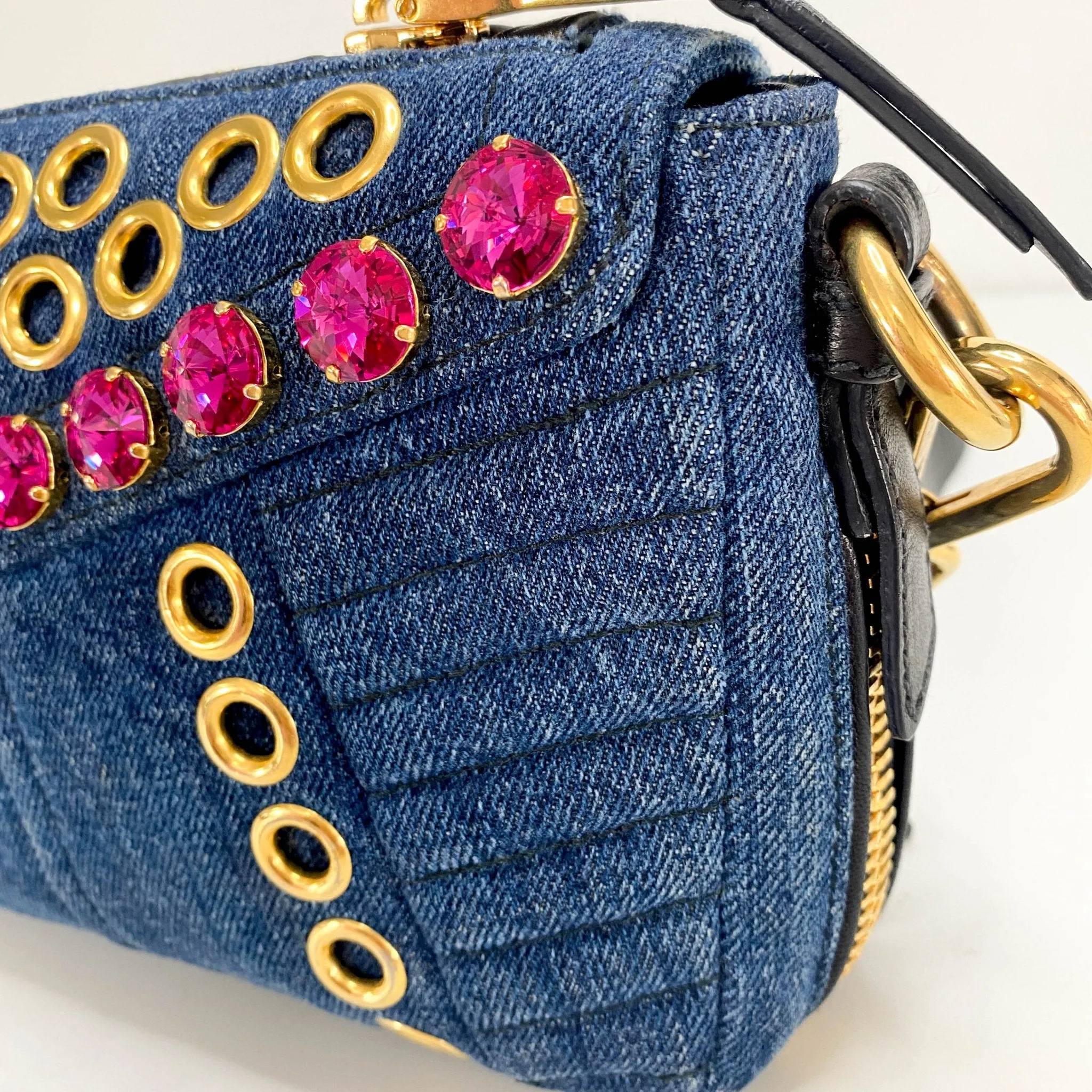 Pink Rhinestone Embellished Denim Crossbody Bag