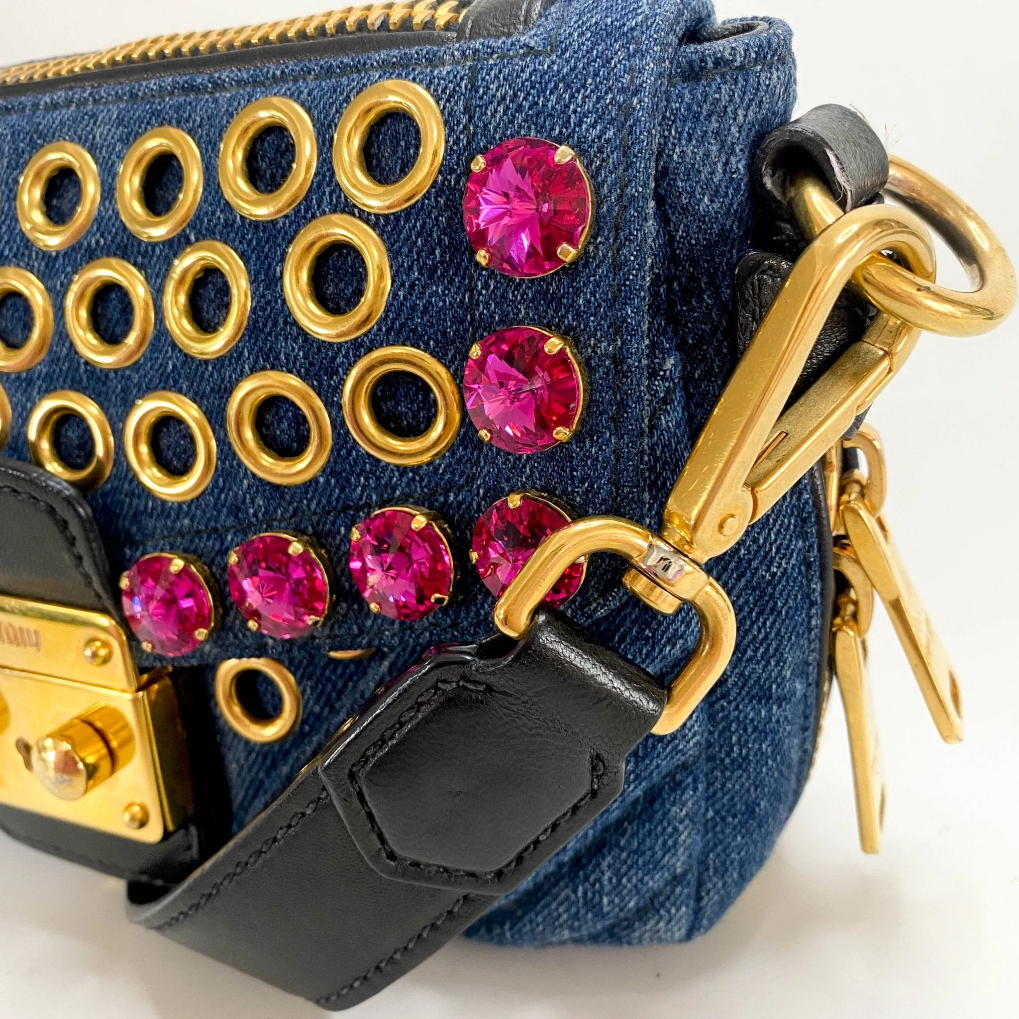 Pink Rhinestone Embellished Denim Crossbody Bag