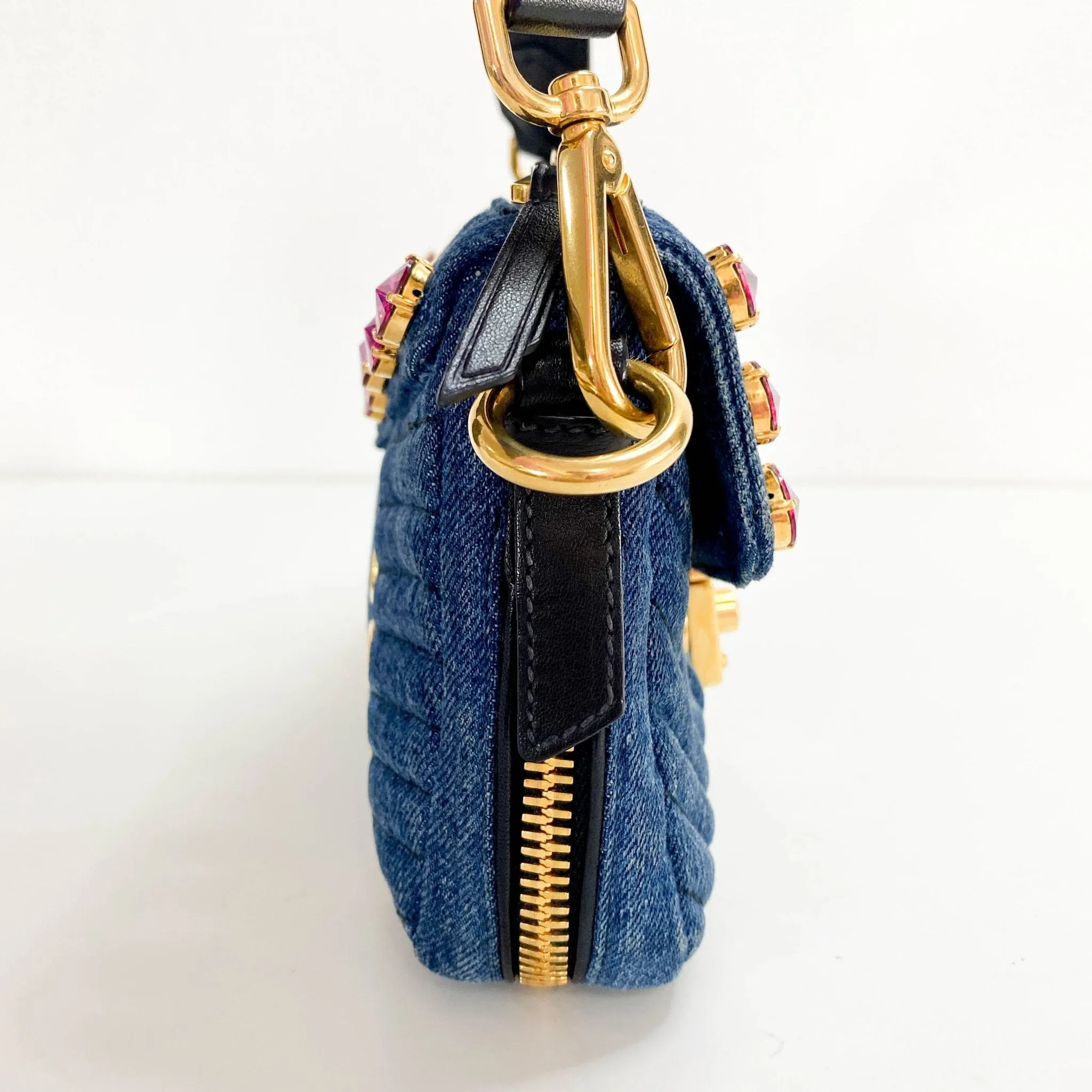 Pink Rhinestone Embellished Denim Crossbody Bag
