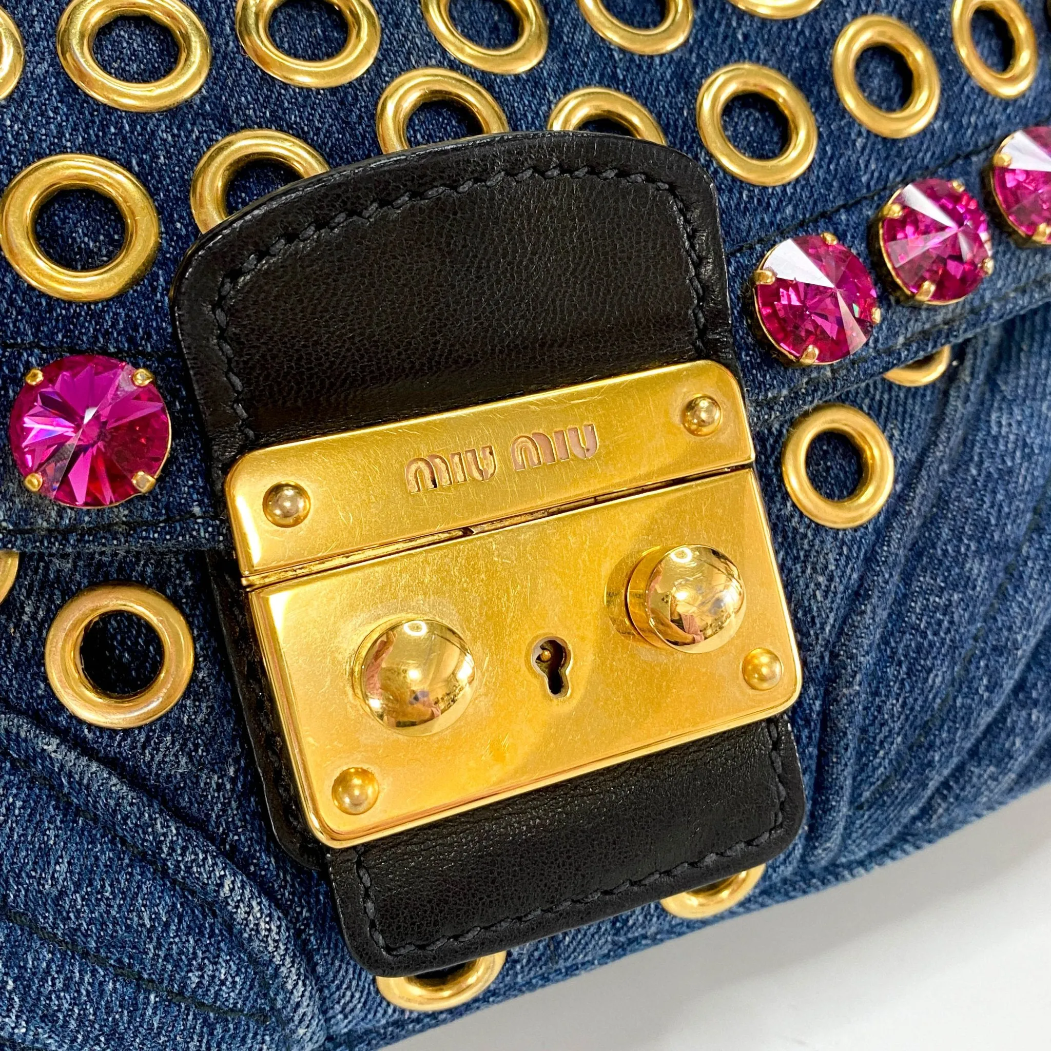 Pink Rhinestone Embellished Denim Crossbody Bag