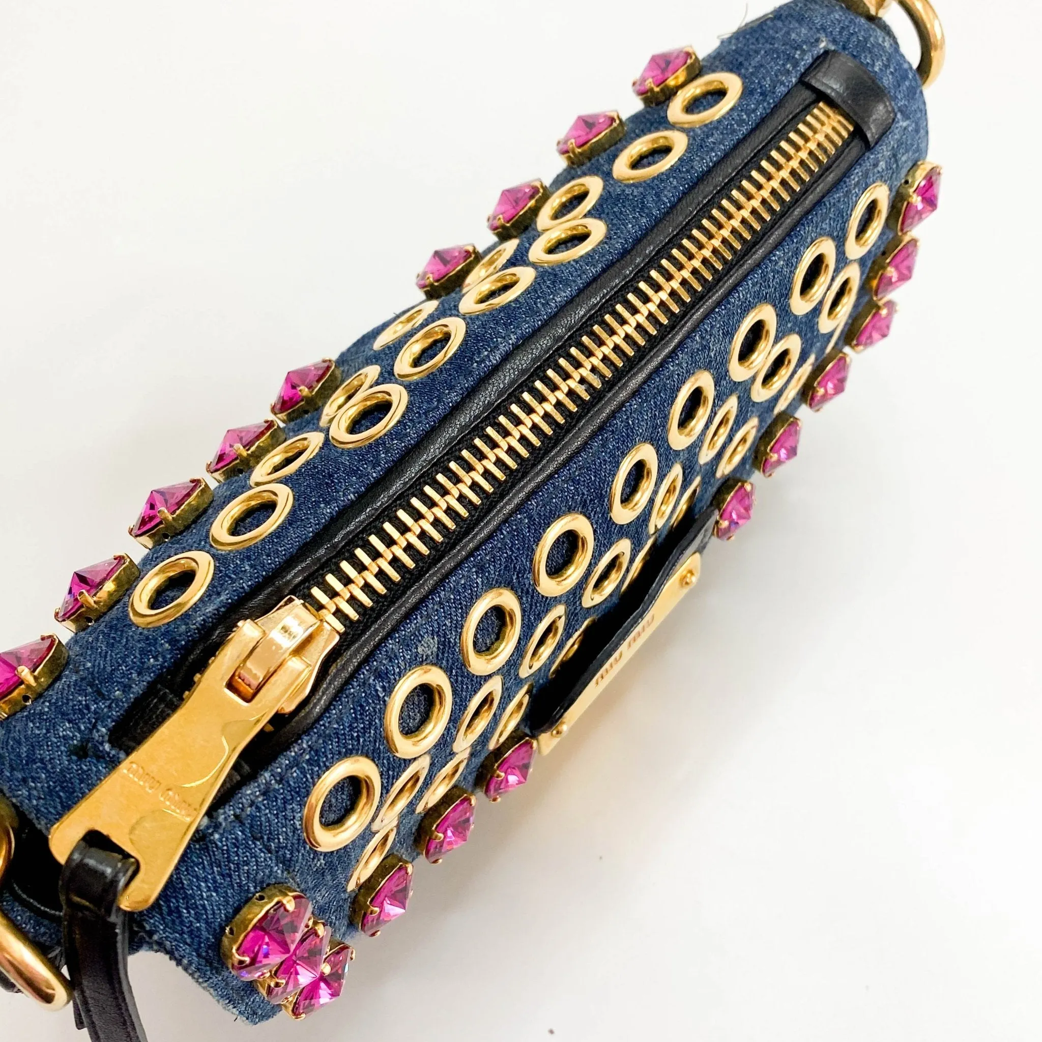 Pink Rhinestone Embellished Denim Crossbody Bag