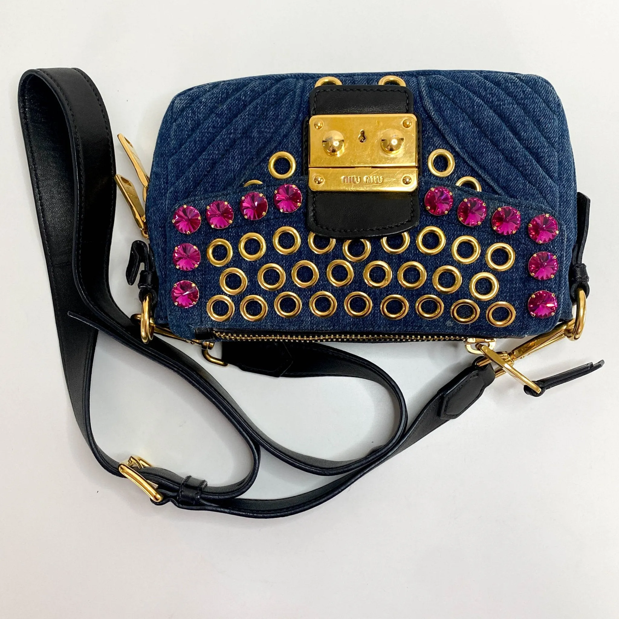 Pink Rhinestone Embellished Denim Crossbody Bag