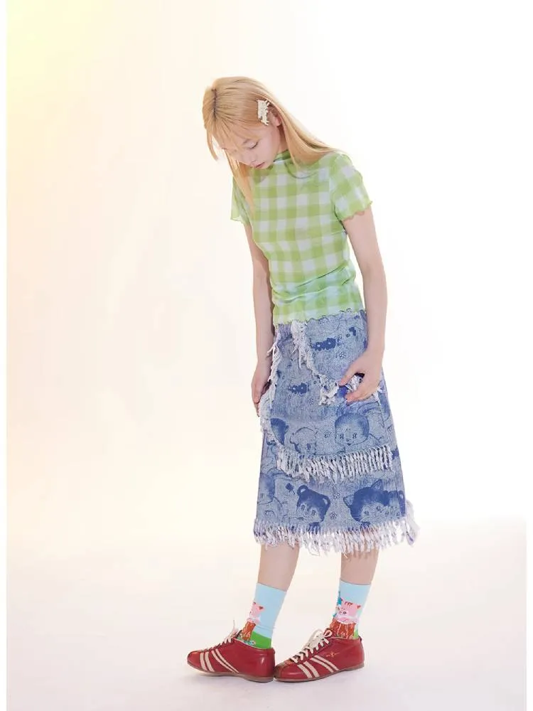 Plaid mesh lace short sleeve tops【s0000009055】