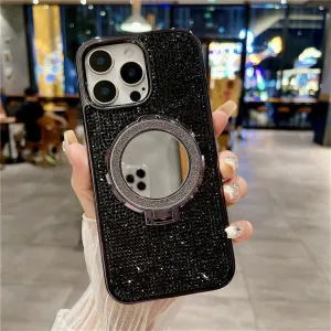 Plating Glitter Rhinestone Magnetic Mirror Bracket Stand Case for iPhone 16 Pro Max 15 14Plus 13 12 11 Diamond Cover,Black,for iPhone 16 Promax
