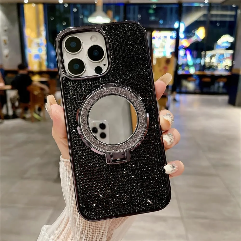 Plating Glitter Rhinestone Magnetic Mirror Bracket Stand Case for iPhone 16 Pro Max 15 14Plus 13 12 11 Diamond Cover,Black,for iPhone 16 Promax