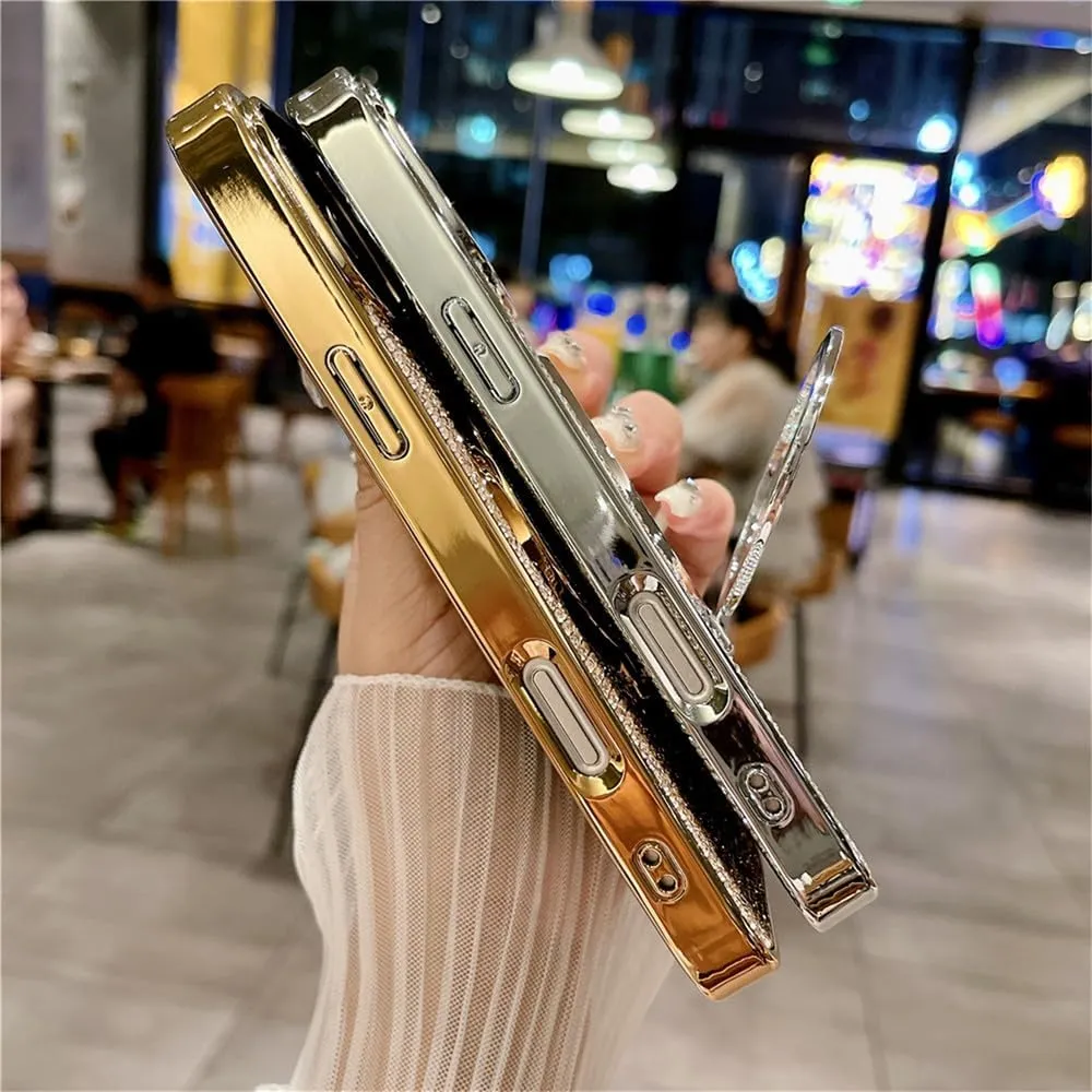 Plating Glitter Rhinestone Magnetic Mirror Bracket Stand Case for iPhone 16 Pro Max 15 14Plus 13 12 11 Diamond Cover,Deep Purple,for iPhone 16 Promax
