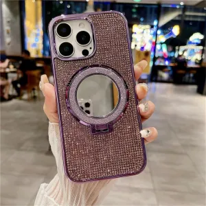 Plating Glitter Rhinestone Magnetic Mirror Bracket Stand Case for iPhone 16 Pro Max 15 14Plus 13 12 11 Diamond Cover,Deep Purple,for iPhone 16 Promax