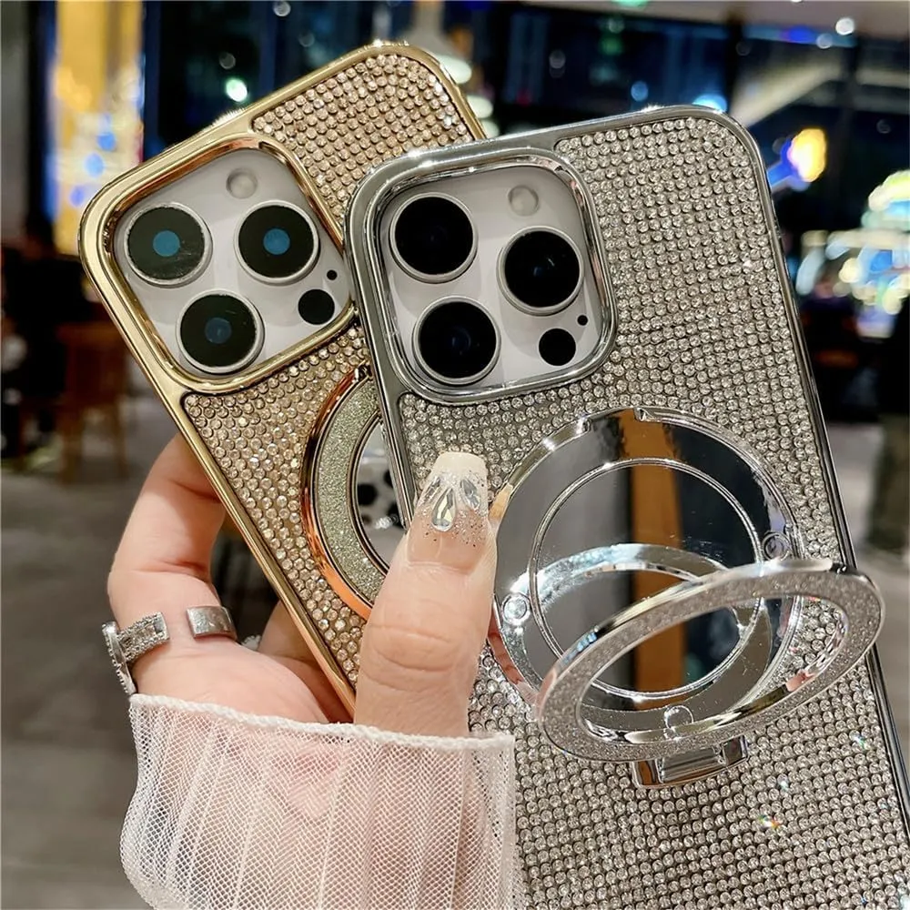 Plating Glitter Rhinestone Magnetic Mirror Bracket Stand Case for iPhone 16 Pro Max 15 14Plus 13 12 11 Diamond Cover,Deep Purple,for iPhone 16 Promax
