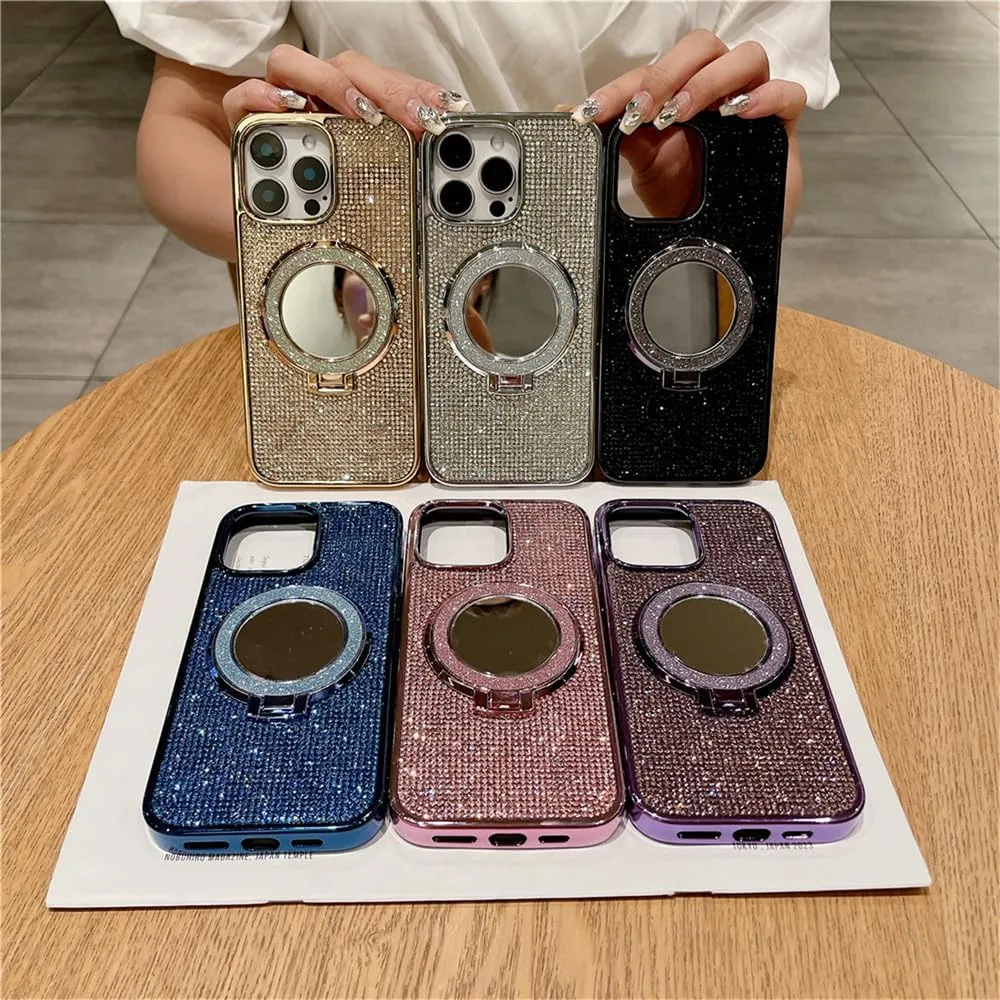 Plating Glitter Rhinestone Magnetic Mirror Bracket Stand Case for iPhone 16 Pro Max 15 14Plus 13 12 11 Diamond Cover,Deep Purple,for iPhone 16 Promax
