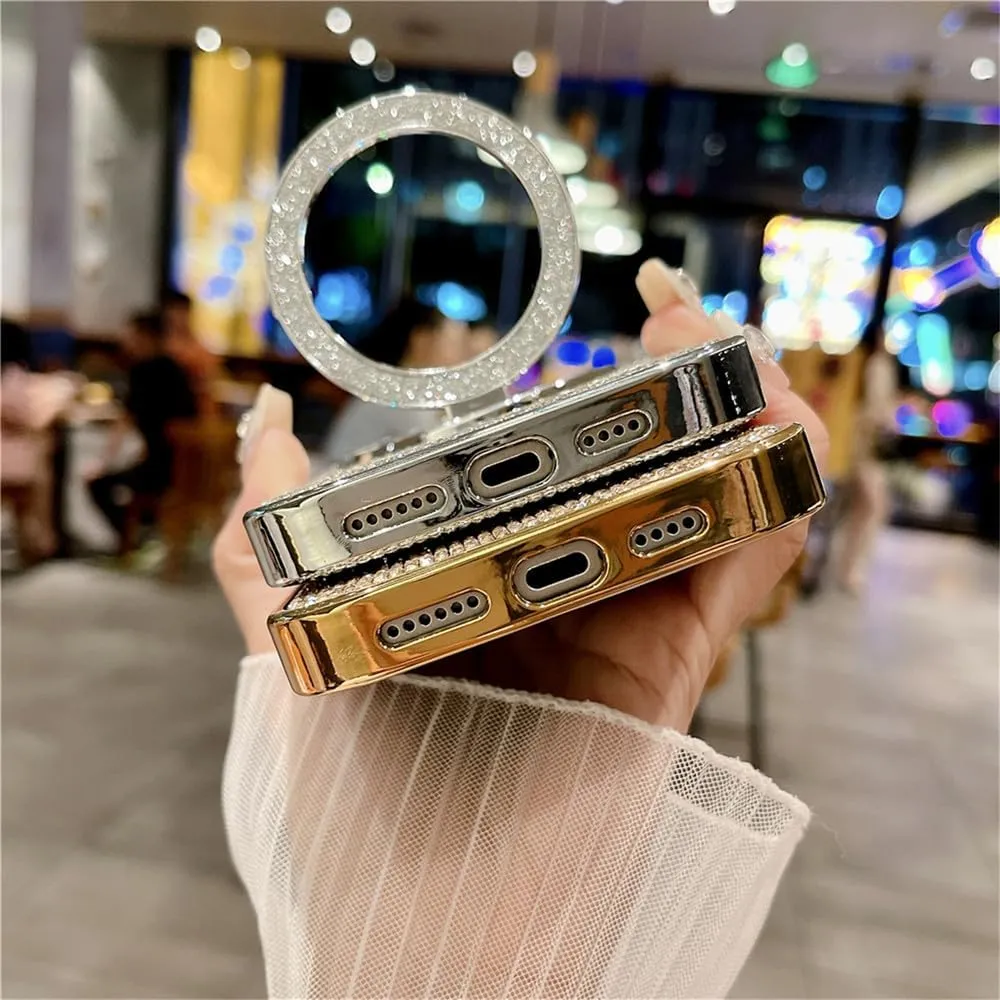 Plating Glitter Rhinestone Magnetic Mirror Bracket Stand Case for iPhone 16 Pro Max 15 14Plus 13 12 11 Diamond Cover,Deep Purple,for iPhone 16 Promax